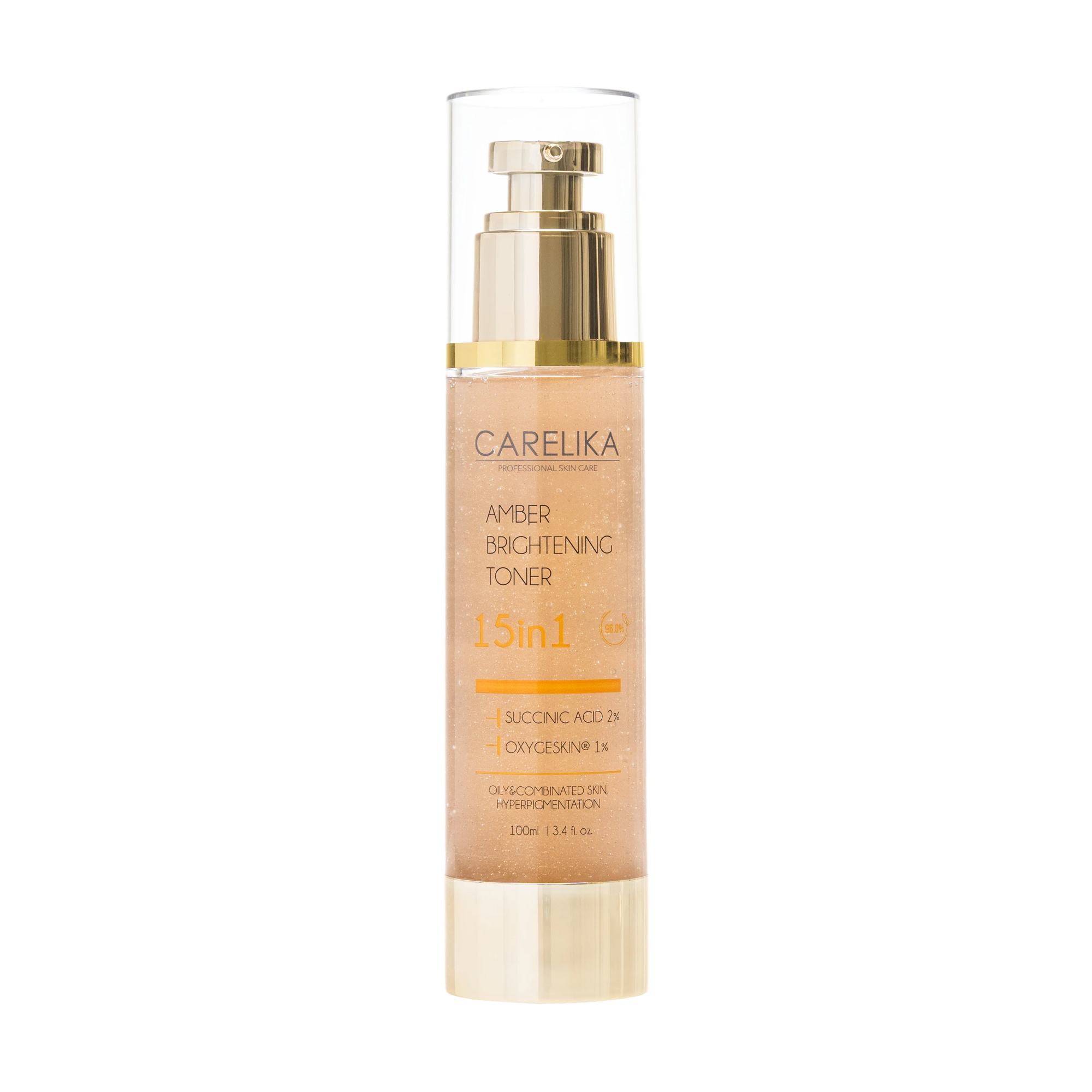 Освітлювальний тонер 15 в 1 Carelika Amber Brightening Toner для жирної та комбінованої шкіри, з бурштиновою кислотою, 100 мл